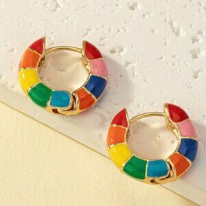 Rainbow Multi-color Enamel Huggie Earrings Medium Hoop #1343